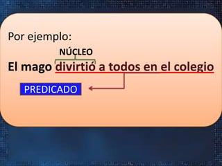 Por ejemplo:
NÚCLEO

El mago divirtió a todos en el colegio
PREDICADO

 
