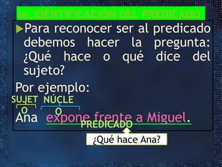 III. IDENTIFICACIÓN DEL PREDICADO
Para reconocer ser al predicado

debemos hacer la pregunta:
¿Qué hace o qué dice del
sujeto?
Por ejemplo:

SUJET NÚCLE
O
O

Ana expone frente a Miguel.
PREDICADO
¿Qué hace Ana?

 