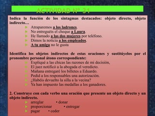 ACTIVIDAD Nº 31
Indica la función de los sintagmas destacados: objeto directo, objeto
indirecto…
 Atraparemos a los ladrones.
 No entreguéis el cheque a Laura.
 He llamado a las dos mujeres por teléfono.
 Dimos la noticia a los empleados.
 A tu amiga no le gusta
Identifica los objetos indirectos de estas oraciones y sustitúyelos por el
pronombre personal átono correspondiente:
 Expliqué a las chicas las razones de mi decisión,
 El juez notificó a la abogada el veredicto.
 Mañana entregaré los billetes a Eduardo.
 Pedid a los responsables una autorización.
 ¿Habéis devuelto la silla a la vecina?
 Ya han impuesto las medallas a los ganadores.
2. Construye con cada verbo una oración que presente un objeto directo y un
objeto indirecto.
 arreglar
• donar
 proporcionar
• entregar
 pagar
• ceder

 