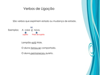 São verbos que exprimem estado ou mudança de estado.
Exemplos: A casa é nova.
sujeito Pred. do sujeito
V.l.
Lampião está triste.
O aluno tornou-se comportado.
O aluno permaneceu quieto.
Verbos de Ligação
 
