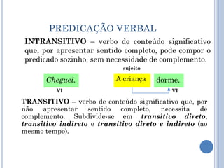 PREDICAÇÃO VERBAL
INTRANSITIVO – verbo de conteúdo significativo
que, por apresentar sentido completo, pode compor o
predicado sozinho, sem necessidade de complemento.
TRANSITIVO – verbo de conteúdo significativo que, por
não apresentar sentido completo, necessita de
complemento. Subdivide-se em transitivo direto,
transitivo indireto e transitivo direto e indireto (ao
mesmo tempo).
dorme.A criançaCheguei.
VI VI
sujeito
 