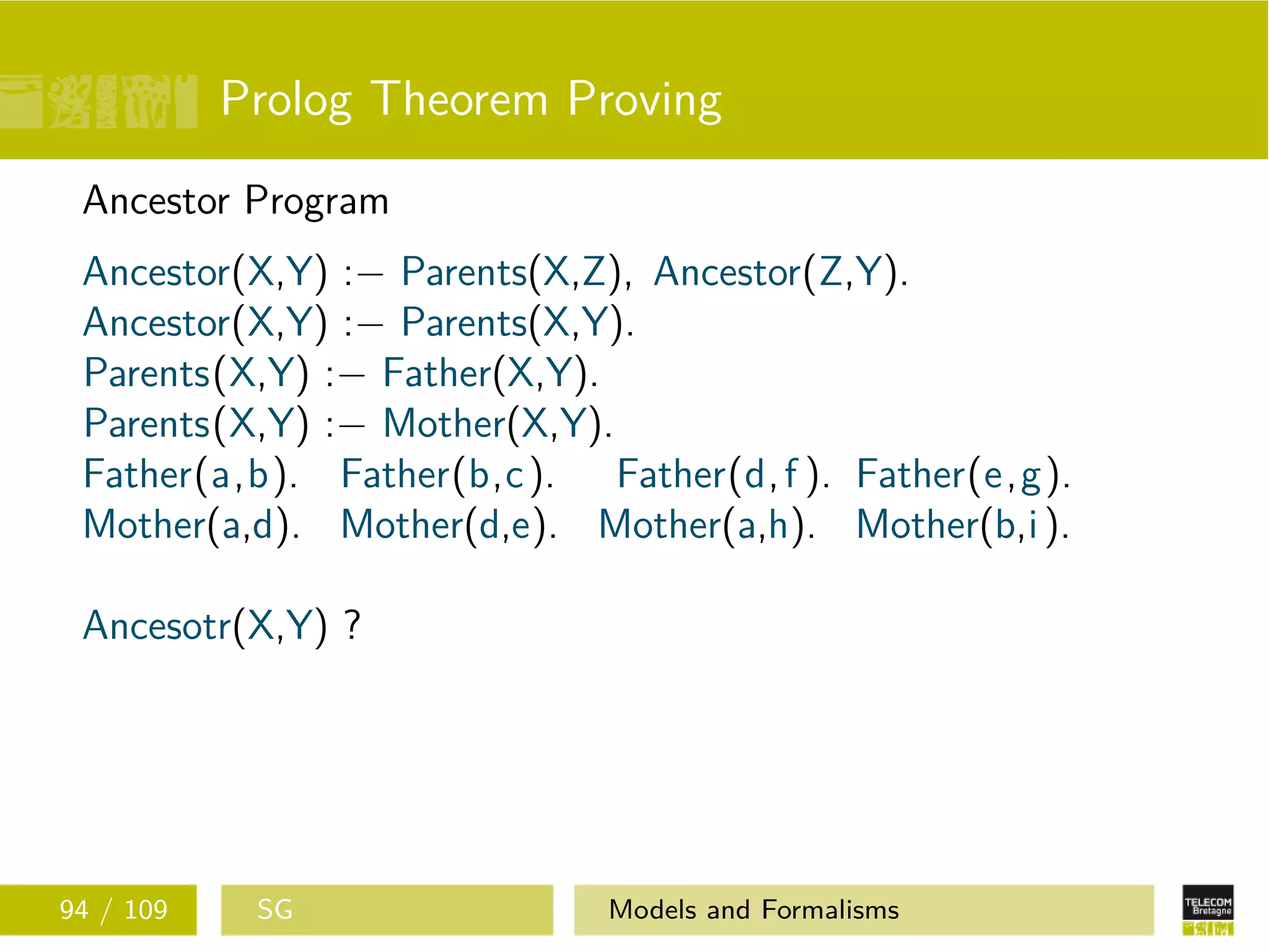 Prolog Theorem Proving
Ancestor Program
Ancestor(X,Y) :− Parents(X,Z), Ancestor(Z,Y).
Ancestor(X,Y) :− Parents(X,Y).
Parents(X,Y) :− Father(X,Y).
Parents(X,Y) :− Mother(X,Y).
Father(a,b). Father(b,c). Father(d,f ). Father(e,g).
Mother(a,d). Mother(d,e). Mother(a,h). Mother(b,i).
Ancesotr(X,Y) ?
94 / 109 SG Models and Formalisms
 