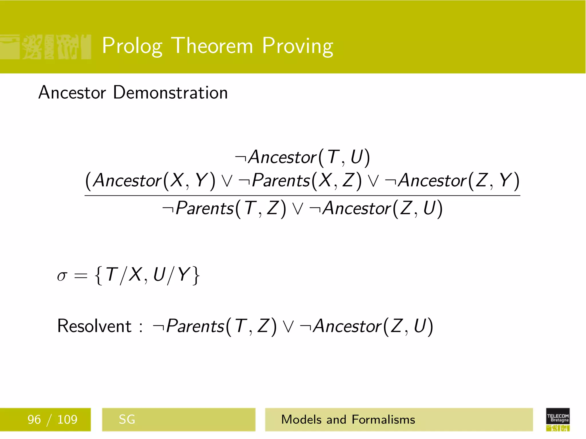 Prolog Theorem Proving
Ancestor Demonstration
¬Ancestor(T, U)
(Ancestor(X, Y ) ∨ ¬Parents(X, Z) ∨ ¬Ancestor(Z, Y )
¬Parents(T, Z) ∨ ¬Ancestor(Z, U)
σ = {T/X, U/Y }
Resolvent : ¬Parents(T, Z) ∨ ¬Ancestor(Z, U)
96 / 109 SG Models and Formalisms
 
