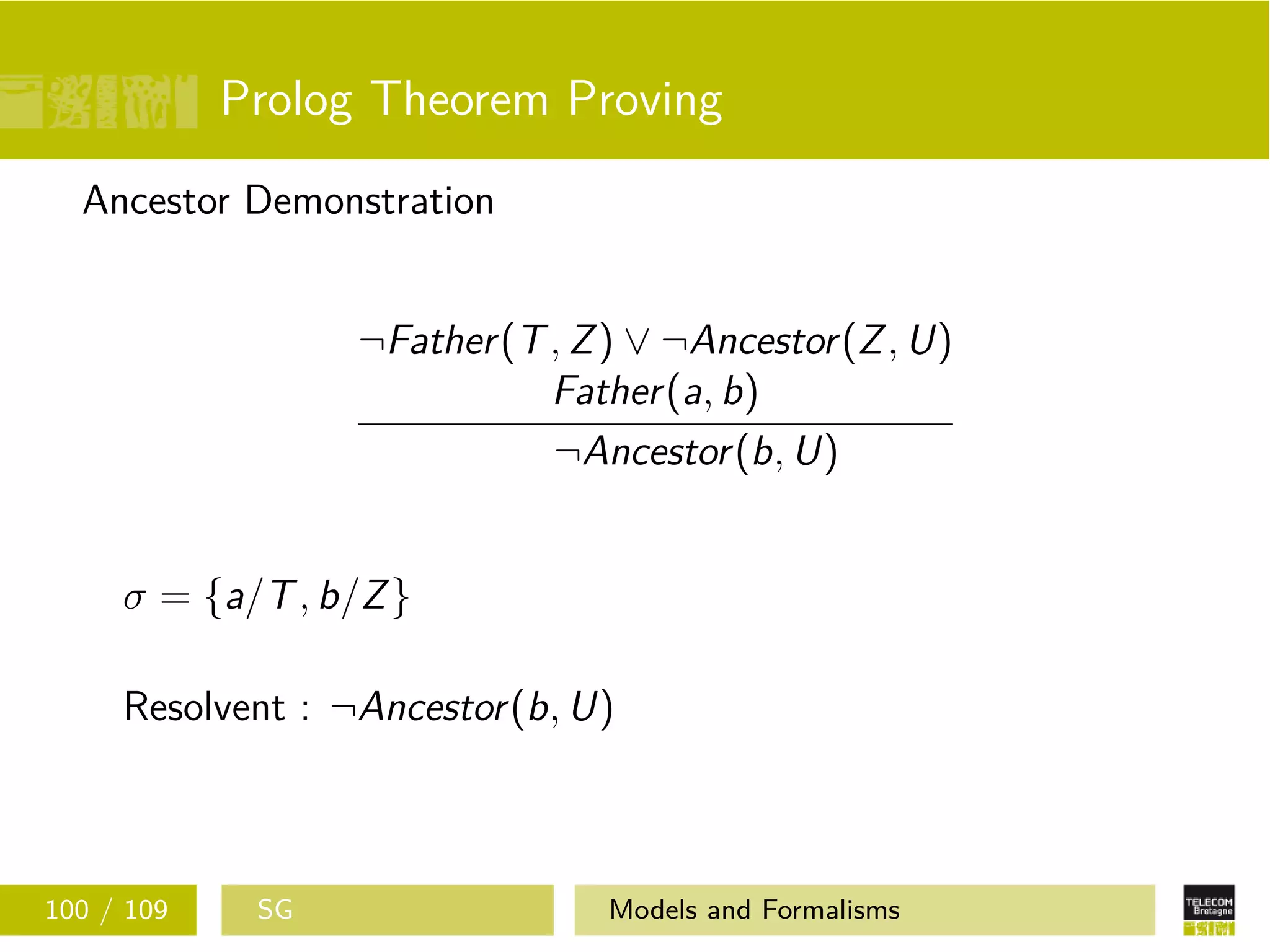 Prolog Theorem Proving
Ancestor Demonstration
¬Father(T, Z) ∨ ¬Ancestor(Z, U)
Father(a, b)
¬Ancestor(b, U)
σ = {a/T, b/Z}
Resolvent : ¬Ancestor(b, U)
100 / 109 SG Models and Formalisms
 