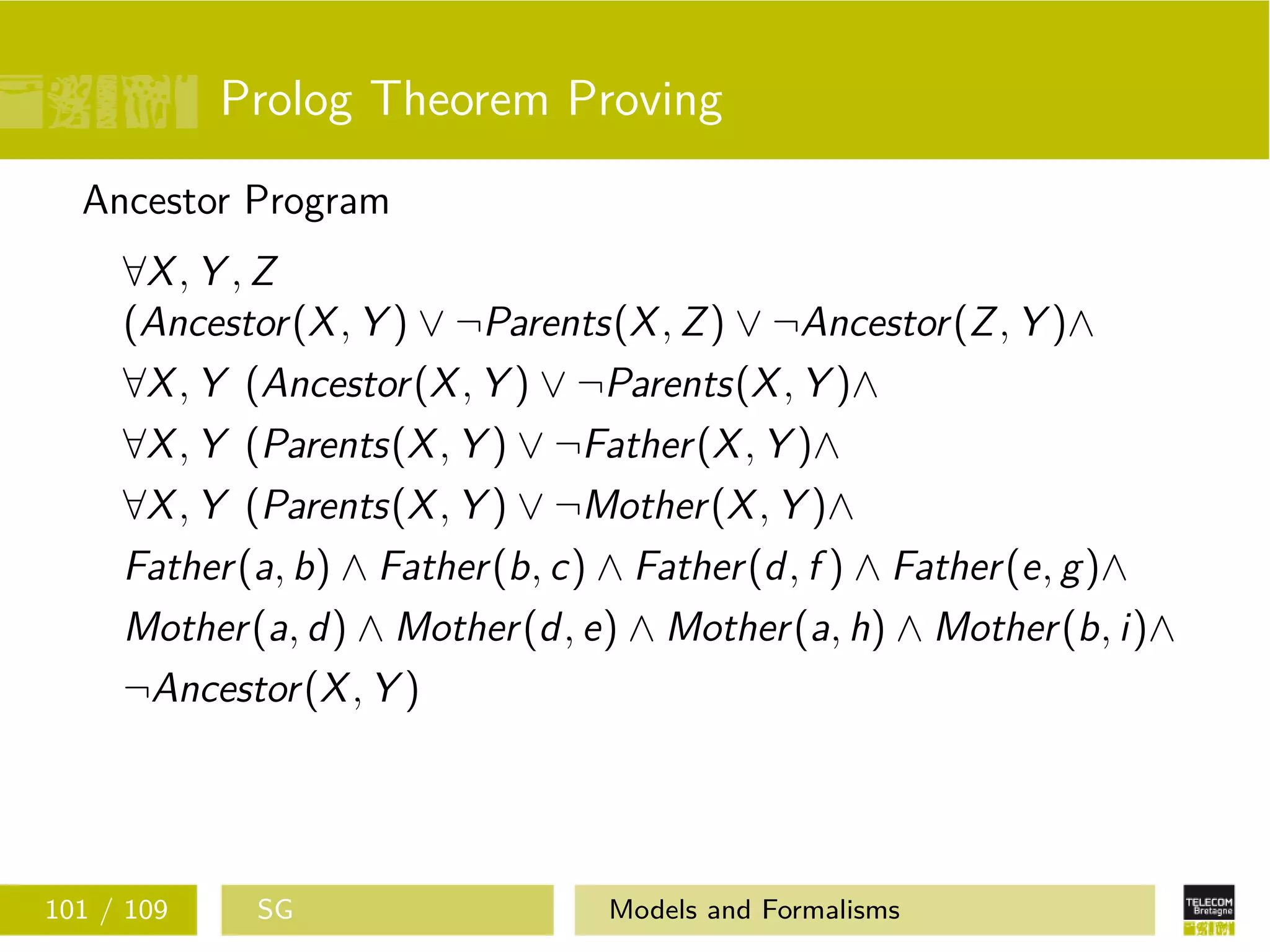 Prolog Theorem Proving
Ancestor Program
∀X, Y , Z
(Ancestor(X, Y ) ∨ ¬Parents(X, Z) ∨ ¬Ancestor(Z, Y )∧
∀X, Y (Ancestor(X, Y ) ∨ ¬Parents(X, Y )∧
∀X, Y (Parents(X, Y ) ∨ ¬Father(X, Y )∧
∀X, Y (Parents(X, Y ) ∨ ¬Mother(X, Y )∧
Father(a, b) ∧ Father(b, c) ∧ Father(d, f ) ∧ Father(e, g)∧
Mother(a, d) ∧ Mother(d, e) ∧ Mother(a, h) ∧ Mother(b, i)∧
¬Ancestor(X, Y )
101 / 109 SG Models and Formalisms
 