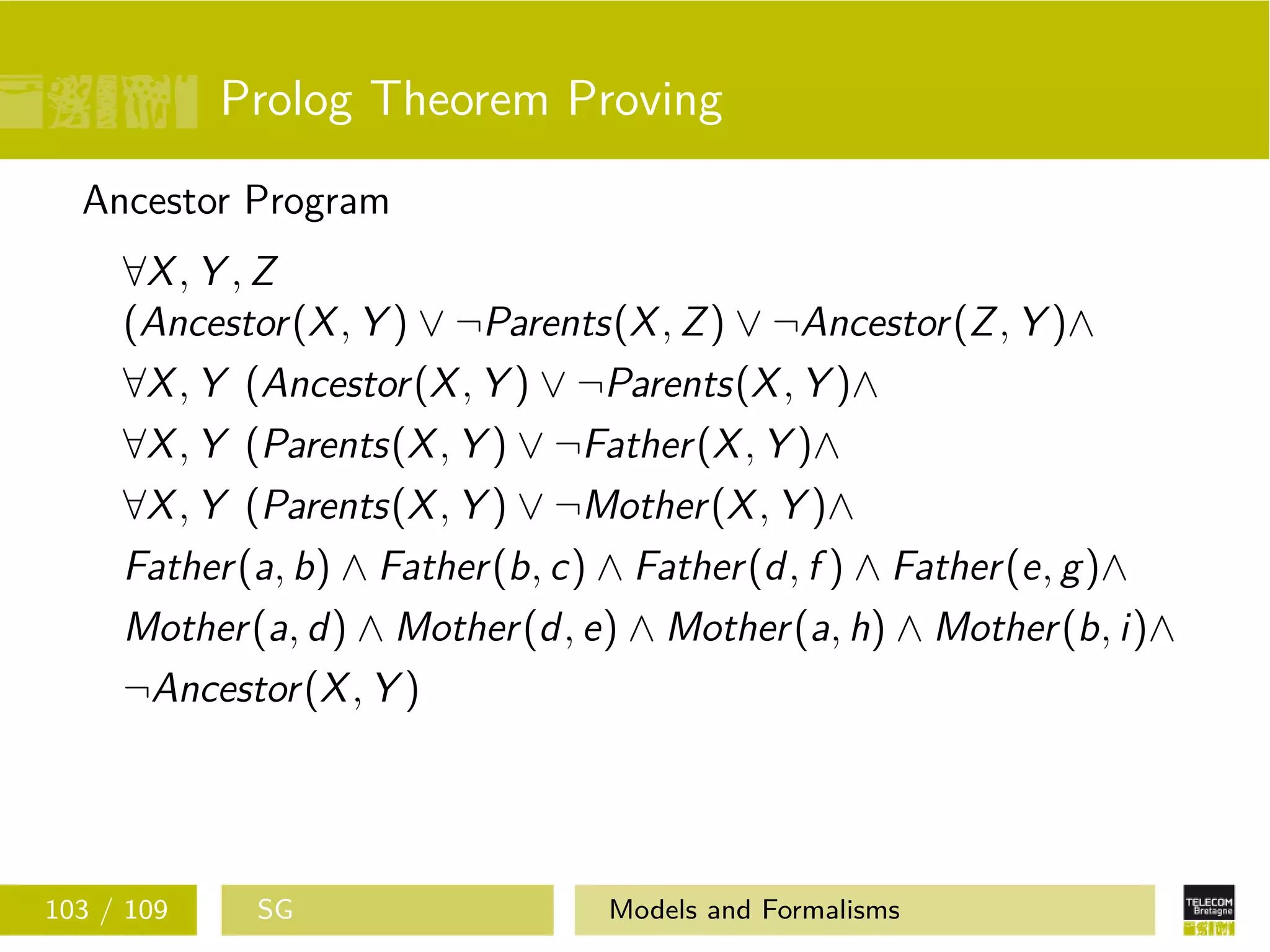 Prolog Theorem Proving
Ancestor Program
∀X, Y , Z
(Ancestor(X, Y ) ∨ ¬Parents(X, Z) ∨ ¬Ancestor(Z, Y )∧
∀X, Y (Ancestor(X, Y ) ∨ ¬Parents(X, Y )∧
∀X, Y (Parents(X, Y ) ∨ ¬Father(X, Y )∧
∀X, Y (Parents(X, Y ) ∨ ¬Mother(X, Y )∧
Father(a, b) ∧ Father(b, c) ∧ Father(d, f ) ∧ Father(e, g)∧
Mother(a, d) ∧ Mother(d, e) ∧ Mother(a, h) ∧ Mother(b, i)∧
¬Ancestor(X, Y )
103 / 109 SG Models and Formalisms
 