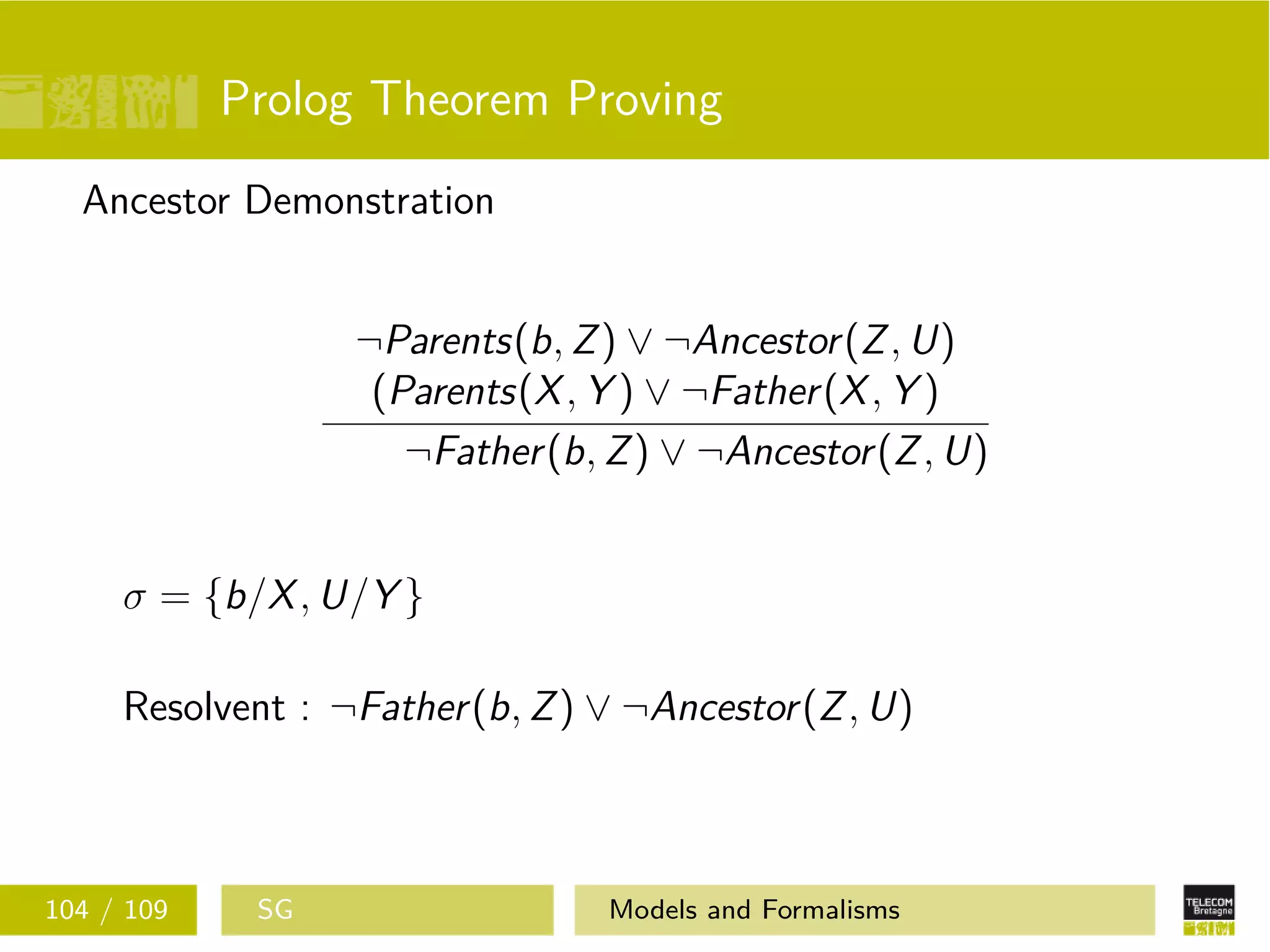 Prolog Theorem Proving
Ancestor Demonstration
¬Parents(b, Z) ∨ ¬Ancestor(Z, U)
(Parents(X, Y ) ∨ ¬Father(X, Y )
¬Father(b, Z) ∨ ¬Ancestor(Z, U)
σ = {b/X, U/Y }
Resolvent : ¬Father(b, Z) ∨ ¬Ancestor(Z, U)
104 / 109 SG Models and Formalisms
 