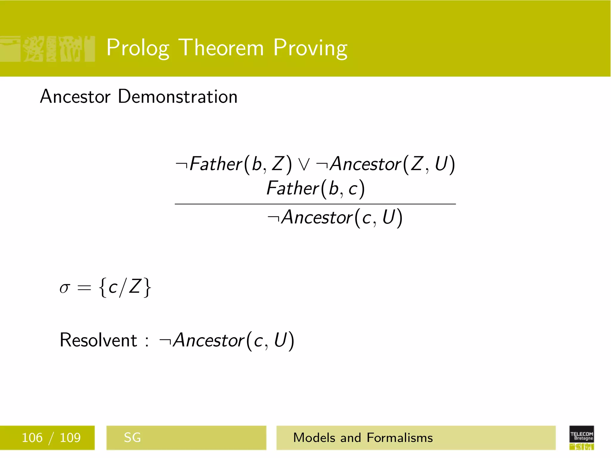 Prolog Theorem Proving
Ancestor Demonstration
¬Father(b, Z) ∨ ¬Ancestor(Z, U)
Father(b, c)
¬Ancestor(c, U)
σ = {c/Z}
Resolvent : ¬Ancestor(c, U)
106 / 109 SG Models and Formalisms
 