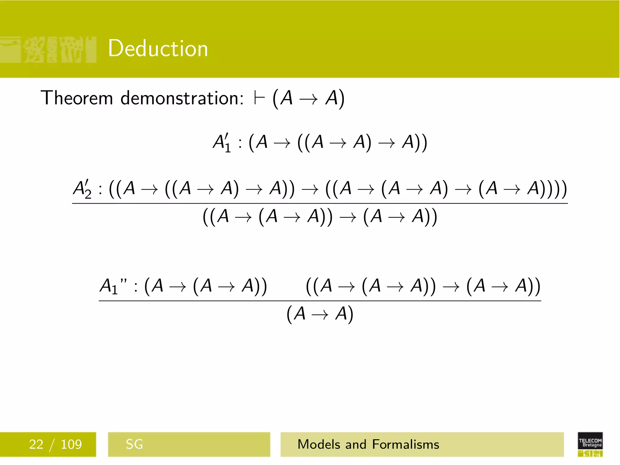Deduction
Theorem demonstration: (A → A)
A1 : (A → ((A → A) → A))
A2 : ((A → ((A → A) → A)) → ((A → (A → A) → (A → A))))
((A → (A → A)) → (A → A))
A1” : (A → (A → A)) ((A → (A → A)) → (A → A))
(A → A)
22 / 109 SG Models and Formalisms
 