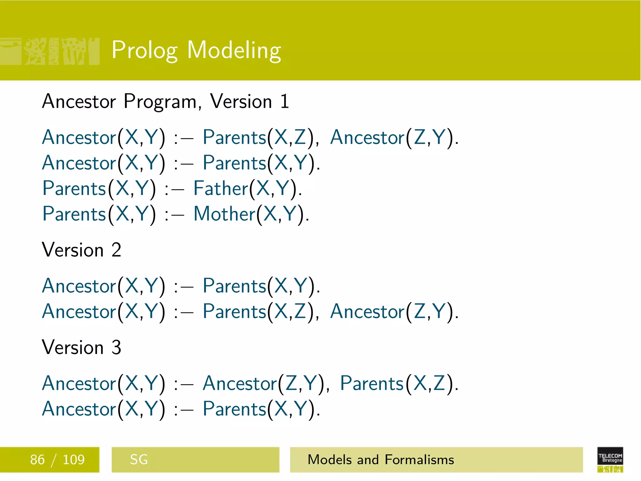 Prolog Modeling
Ancestor Program, Version 1
Ancestor(X,Y) :− Parents(X,Z), Ancestor(Z,Y).
Ancestor(X,Y) :− Parents(X,Y).
Parents(X,Y) :− Father(X,Y).
Parents(X,Y) :− Mother(X,Y).
Version 2
Ancestor(X,Y) :− Parents(X,Y).
Ancestor(X,Y) :− Parents(X,Z), Ancestor(Z,Y).
Version 3
Ancestor(X,Y) :− Ancestor(Z,Y), Parents(X,Z).
Ancestor(X,Y) :− Parents(X,Y).
86 / 109 SG Models and Formalisms
 