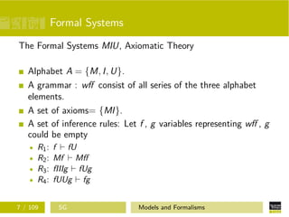 Formal Systems
The Formal Systems MIU, Axiomatic Theory
Alphabet A = {M, I, U}.
A grammar : wﬀ consist of all series of the three alphabet
elements.
A set of axioms= {MI}.
A set of inference rules: Let f , g variables representing wﬀ , g
could be empty
R1: f fU
R2: Mf Mﬀ
R3: fIIIg fUg
R4: fUUg fg
7 / 109 SG Models and Formalisms
 