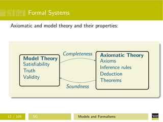Formal Systems
Axiomatic and model theory and their properties:
Model Theory
Satisﬁability
Truth
Validity
Axiomatic Theory
Axioms
Inference rules
Deduction
Theorems
Completeness
Soundness
12 / 109 SG Models and Formalisms
 