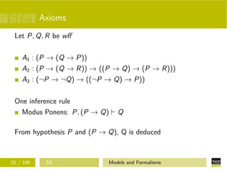 Axioms
Let P, Q, R be wﬀ
A1 : (P → (Q → P))
A2 : (P → (Q → R)) → ((P → Q) → (P → R)))
A3 : (¬P → ¬Q) → ((¬P → Q) → P))
One inference rule
Modus Ponens: P, (P → Q) Q
From hypothesis P and (P → Q), Q is deduced
20 / 109 SG Models and Formalisms
 