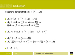 Deduction
Theorem demonstration: (A → A)
A1 : (A → ((A → A) → A))
A2 : ((A → ((A → A) → A)) →
((A → (A → A) → (A → A))))
A1, A2 ((A → (A → A)) → (A → A))
A1” : (A → (A → A))
A1”, ((A → (A → A)) → (A → A)) (A → A)
(A → A)
21 / 109 SG Models and Formalisms
 