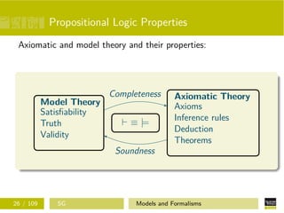 Propositional Logic Properties
Axiomatic and model theory and their properties:
Model Theory
Satisﬁability
Truth
Validity
Axiomatic Theory
Axioms
Inference rules
Deduction
Theorems
≡ |=
Completeness
Soundness
26 / 109 SG Models and Formalisms
 