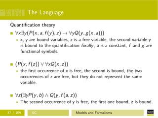 The Language
Quantiﬁcation theory
∀x∃y(P(x, a, f (y), z) → ∀yQ(y, g(x, a)))
x, y are bound variables, z is a free variable, the second variable y
is bound to the quantiﬁcation forally, a is a constant, f and g are
functional symbols.
(P(x, f (z)) ∨ ∀xQ(x, z))
the ﬁrst occurrence of x is free, the second is bound, the two
occurrences of z are free, but they do not represent the same
variable.
∀z(∃yP(y, b) ∧ Q(y, f (a, z))
The second occurrence of y is free, the ﬁrst one bound, z is bound.
37 / 109 SG Models and Formalisms
 