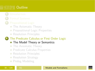 Outline
1 Introduction
2 Formal Systems
3 Propositional Logic
The Axiomatic Theory
Propositional Logic Properties
Resolution Principles
4 The Predicate Calculus or First Order Logic
The Model Theory or Semantics
The Axiomatic Theory
Predicate Calculus Properties
Resolution Principles
Resolution Strategy
Prolog Modeling
38 / 109 SG Models and Formalisms
 
