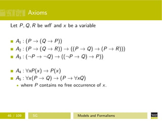 Axioms
Let P, Q, R be wﬀ and x be a variable
A1 : (P → (Q → P))
A2 : (P → (Q → R)) → ((P → Q) → (P → R)))
A3 : (¬P → ¬Q) → ((¬P → Q) → P))
A4 : ∀xP(x) → P(x)
A5 : ∀x(P → Q) → (P → ∀xQ)
where P contains no free occurrence of x.
46 / 109 SG Models and Formalisms
 