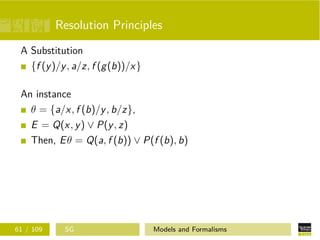 Resolution Principles
A Substitution
{f (y)/y, a/z, f (g(b))/x}
An instance
θ = {a/x, f (b)/y, b/z},
E = Q(x, y) ∨ P(y, z)
Then, Eθ = Q(a, f (b)) ∨ P(f (b), b)
61 / 109 SG Models and Formalisms
 