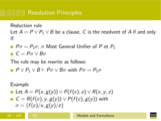 Resolution Principles
Reduction rule
Let A = P ∨ P1 ∨ B be a clause, C is the resolvent of A if and only
if:
Pσ = P1σ, σ Most General Uniﬁer of P et P1
C = Pσ ∨ Bσ
The rule may be rewrite as follows:
P ∨ P1 ∨ B Pσ ∨ Bσ with Pσ = P1σ
Example
Let A = P(x, g(y)) ∨ P(f (c), z) ∨ R(x, y, z)
C = R(f (c), y, g(y)) ∨ P(f (c), g(y)) with
σ = {f (c)/x, g(y)/z}
68 / 109 SG Models and Formalisms
 