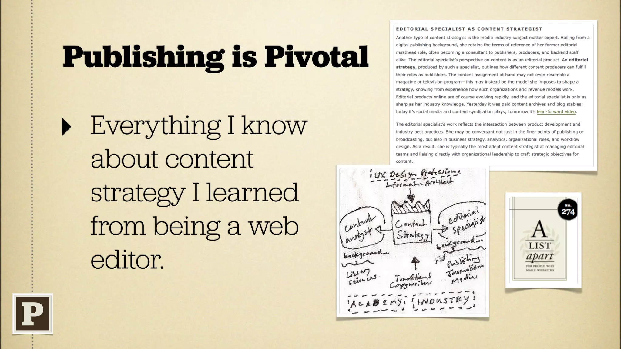 Publishing is Pivotal

‣ Everything I know
  about content
  strategy I learned
  from being a web
  editor.
 