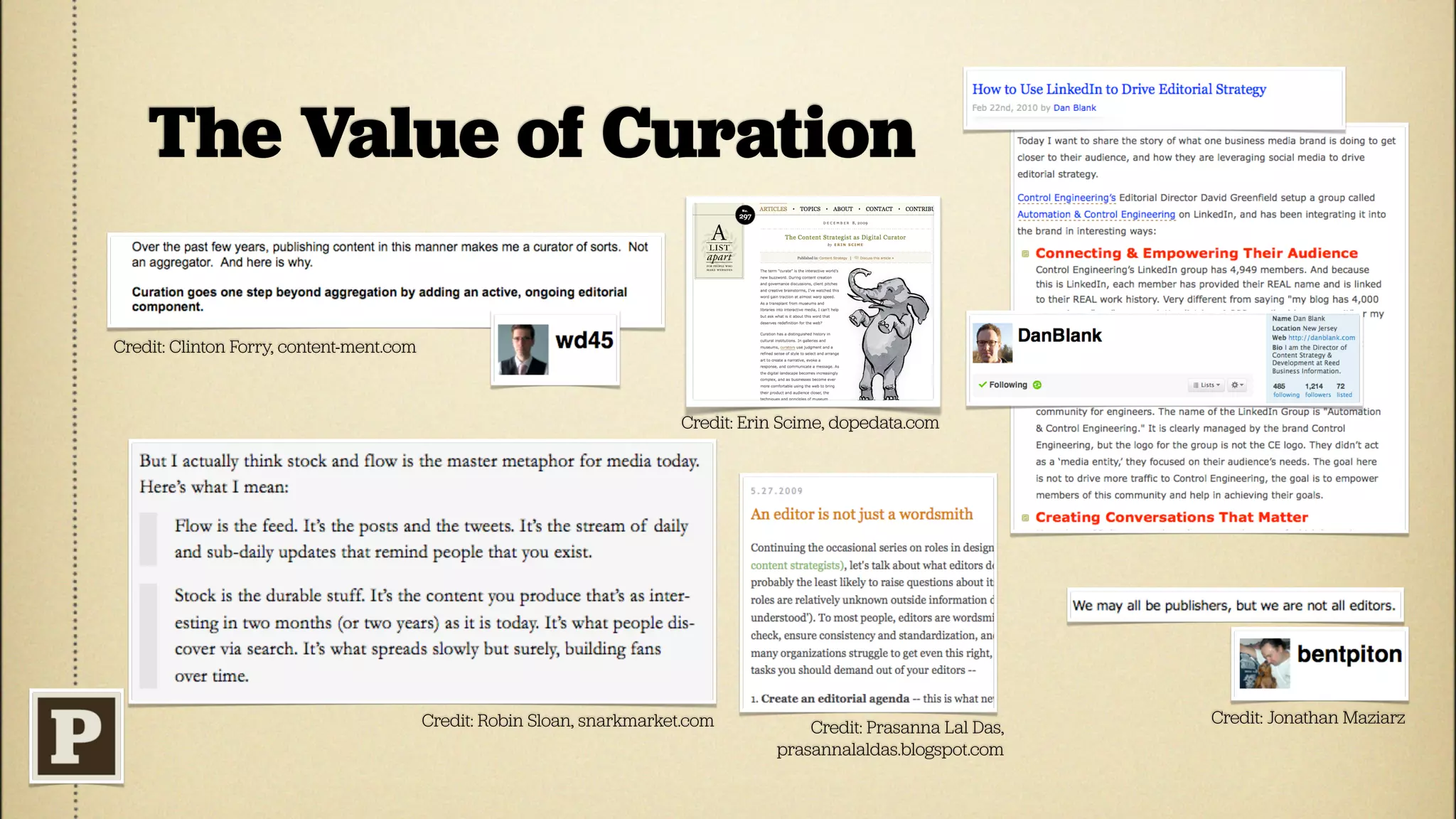 The Value of Curation

Credit: Clinton Forry, content-ment.com



                                                                         Credit: Erin Scime, dopedata.com




                                          Credit: Robin Sloan, snarkmarket.com                                      Credit: Jonathan Maziarz
                                                                                        Credit: Prasanna Lal Das,
                                                                                    prasannalaldas.blogspot.com
 