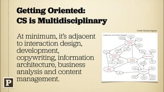 Getting Oriented:
CS is Multidisciplinary
                            Credit: Richard Ingram


At minimum, it’s adjacent
to interaction design,
development,
copywriting, information
architecture, business
analysis and content
management.
 