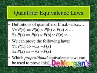 12
Quantifier Equivalence Laws
• Definitions of quantifiers: If u.d.=a,b,c,…
x P(x)  P(a)  P(b)  P(c)  …
x P(x)  P(...