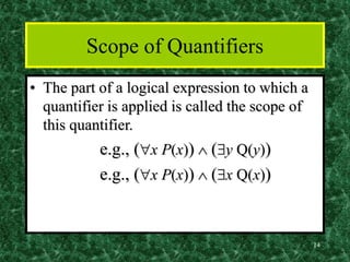 14
Scope of Quantifiers
• The part of a logical expression to which a
quantifier is applied is called the scope of
this qu...