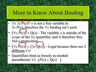 17
More to Know About Binding
• x x P(x) - x is not a free variable in
x P(x), therefore the x binding isn’t used.
• (...