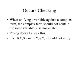 Occurs Checking
• When unifying a variable against a complex
term, the complex term should not contain
the same variable, else non-match.
• Prolog doesn’t check this.
• Ex. f(X,X) and f(Y,g(Y)) should not unify.
 