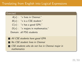 Translating from English into Logical Expressions
Exercise1
A(x) : “x lives in Chennai.”
B(x) : “x is a CSE student.”
C(x) : “x has a good GPA.”
D(x) : “x majors in mathematics.”
Domain: all PSG students
1 All CSE students have good GPA
2 No CSE student lives in Chennai
3 CSE students who do not live in Chennai major in
mathematics
23 / 53
 