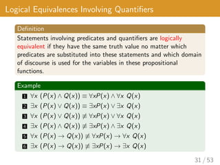 Logical Equivalences Involving Quantifiers
Definition
Statements involving predicates and quantifiers are logically
equivalent if they have the same truth value no matter which
predicates are substituted into these statements and which domain
of discourse is used for the variables in these propositional
functions.
Example
1 ∀x (P(x) ∧ Q(x)) ≡ ∀xP(x) ∧ ∀x Q(x)
2 ∃x (P(x) ∨ Q(x)) ≡ ∃xP(x) ∨ ∃x Q(x)
3 ∀x (P(x) ∨ Q(x)) 6≡ ∀xP(x) ∨ ∀x Q(x)
4 ∃x (P(x) ∧ Q(x)) 6≡ ∃xP(x) ∧ ∃x Q(x)
5 ∀x (P(x) → Q(x)) 6≡ ∀xP(x) → ∀x Q(x)
6 ∃x (P(x) → Q(x)) 6≡ ∃xP(x) → ∃x Q(x)
31 / 53
 