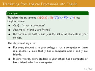 Translating from Logical Expressions into English
Example
Translate the statement ∀x(C(x) ∨ ∃y(C(y) ∧ F(x, y))) into
English, where
C(x) : “x has a computer”
F(x, y) is “x and y are friends”
the domain for both x and y is the set of all students in your
college.
The statement says that
For every student x in your college x has a computer or there
is a student y such that y has a computer and x and y are
friends.
In other words, every student in your school has a computer or
has a friend who has a computer.
41 / 53
 