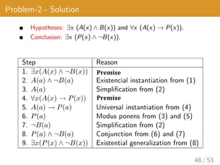 Problem-2 - Solution
Hypotheses: ∃x (A(x) ∧ B(x)) and ∀x (A(x) → P(x)).
Conclusion: ∃x (P(x) ∧ ¬B(x)).
48 / 53
 