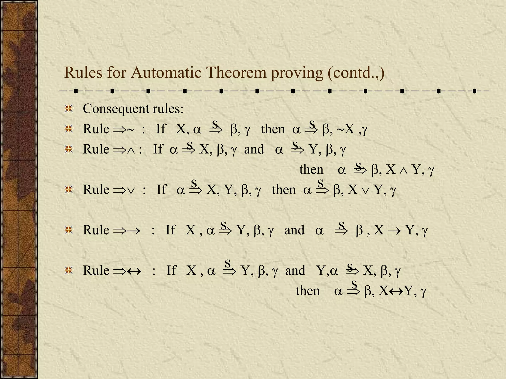 Rules for Automatic Theorem proving (contd.,)
Consequent rules:
Rule  : If X,   ,  then   , X ,
Rule  : If   X, ,  and   Y, , 
then   , X  Y, 
Rule  : If   X, Y, ,  then   , X  Y, 
Rule  : If X ,   Y, ,  and    , X  Y, 
Rule  : If X ,   Y, ,  and Y,  X, , 
then   , XY, 
s s
s s
s s
s
s s
s s
s
 