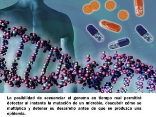 La posibilidad de secuenciar el genoma en tiempo real permitirá 
detectar al instante la mutación de un microbio, descubrir cómo se 
multiplica y detener su desarrollo antes de que se produzca una 
epidemia. 
 