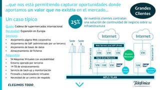 4
Quién: Cadena de supermercados internacional
Necesidad: Expansión en Europa
Servicios:
• Alojamiento página Web corporativa
• Alojamiento de SAP (administrado por un tercero)
• Alojamiento de bases de datos
• Almacenamiento de ficheros
Requisitos:
• 54 Máquinas Virtuales con escalabilidad
• Entorno operado por terceros
• 14 TB de almacenamiento
• Servicio de back-up y monitorización
• Firewalls y balanceadores virtuales
• Necesidad de un centro de respaldo
Sede
A
Internet
VM
DatacenterAlcalá
Main
Center
Back-End Network
Web Servers and APP (Prod)
VM VM
VM VM VM
Sede
B
DatacenterII
Recovery
Centre
Disaster
Recovery
VM
MPLS VLAN
Internet
VM
…que nos está permitiendo capturar oportunidades donde
aportamos un valor que no existía en el mercado… Grandes
Clientes
25%
de nuestros clientes contratan
una solución de continuidad de negocio sobre su
infraestructura
Un caso típico
 