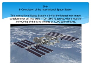 2014
        6-Completion of the International Space Station

 The International Space Station is by far the largest man-made
structure ever put into orbit: 110m (360 ft) across, with a mass of
     345,000 kg and a living volume of 1,000 cubic metres.
 