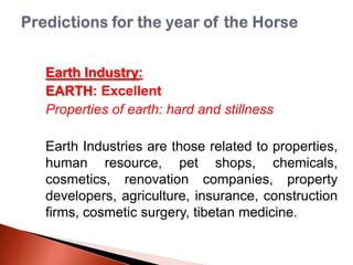 Earth Industry:
EARTH: Excellent
Properties of earth: hard and stillness
Earth Industries are those related to properties,
human resource, pet shops, chemicals,
cosmetics, renovation companies, property
developers, agriculture, insurance, construction
firms, cosmetic surgery, tibetan medicine.

 