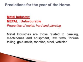 Metal Industry:
METAL : Unfavourable
Properties of metal: hard and piercing
Metal Industries are those related to banking,
machineries and equipment, law firms, fortune
telling, gold-smith, robotics, steel, vehicles.

 