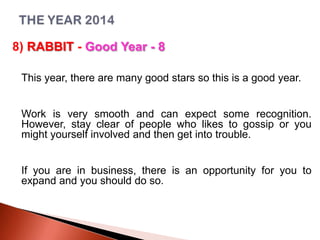 8) RABBIT - Good Year - 8
This year, there are many good stars so this is a good year.
Work is very smooth and can expect some recognition.
However, stay clear of people who likes to gossip or you
might yourself involved and then get into trouble.
If you are in business, there is an opportunity for you to
expand and you should do so.

 