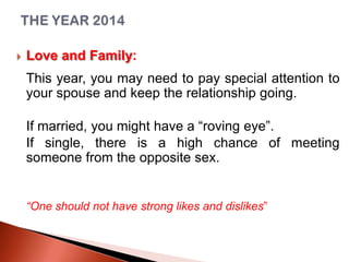 

Love and Family:
This year, you may need to pay special attention to
your spouse and keep the relationship going.
If married, you might have a “roving eye”.
If single, there is a high chance of meeting
someone from the opposite sex.

“One should not have strong likes and dislikes”

 