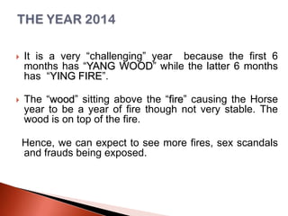 

It is a very “challenging” year because the first 6
months has “YANG WOOD” while the latter 6 months
has “YING FIRE”.



The “wood” sitting above the “fire” causing the Horse
year to be a year of fire though not very stable. The
wood is on top of the fire.
Hence, we can expect to see more fires, sex scandals
and frauds being exposed.

 