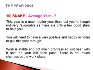 10) SNAKE - Average Year - 7
This year is a much better year than last year’s though
not very favourable as there are only a few good stars
to help you.
You will need to have a very positive and happy mindset
to pull this year through.
Work is stable and not much progress so just bear with
it and the year will soon pass. There is not much
changes at the work place.

 