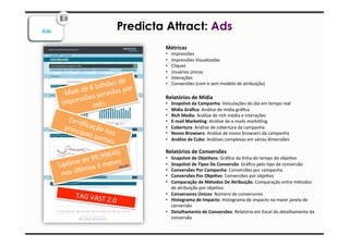 Predicta Attract: Ads 
Métricas 
• Impressões 
• Impressões 
Visualizadas 
• Cliques 
• Usuários 
únicos 
• Interações 
• Conversões 
(com 
e 
sem 
modelo 
de 
atribuição) 
Relatórios 
de 
Mídia 
• Snapshot 
da 
Campanha: 
Veiculações 
do 
dia 
em 
tempo 
real 
• Mídia 
Gráfica: 
Análise 
de 
mídia 
gráfica 
• Rich 
Media: 
Análise 
de 
rich 
media 
e 
interações 
• E-­‐mail 
Marke7ng: 
Análise 
de 
e-­‐mails 
markeIng 
• Cobertura: 
Análise 
de 
cobertura 
da 
campanha 
• Novos 
Browsers: 
Análise 
de 
novos 
browsers 
da 
campanha 
• Análise 
de 
Cubo: 
Análises 
complexas 
em 
várias 
dimensões 
Relatórios 
de 
Conversões 
• Snapshot 
de 
Obje7vos: 
Gráfico 
da 
linha 
do 
tempo 
do 
objeIvo 
• Snapshot 
de 
Tipos 
De 
Conversão: 
Gráfico 
pelo 
Ipo 
de 
conversão 
• Conversões 
Por 
Campanha: 
Conversões 
por 
campanha 
• Conversões 
Por 
Obje7vo: 
Conversões 
por 
objeIvo 
• Comparação 
de 
Métodos 
De 
Atribuição: 
Comparação 
entre 
métodos 
de 
atribuição 
por 
objeIvo 
• Conversores 
Únicos: 
Número 
de 
conversores 
• Histograma 
de 
Impacto: 
Histograma 
de 
impacto 
na 
maior 
janela 
de 
conversão 
• Detalhamento 
de 
Conversões: 
Relatório 
em 
Excel 
do 
detalhamento 
da 
conversão 
Ads 
de 
Mais 
bilhões 
8 
de 
servidas 
impressões 
por 
mês 
CerIficação 
nos 
principais 
portais 
de 
UpIme 
99.9964% 
úlImos 
nos 
meses 
6 
mais) 
(ver 
TAG 
VAST 
2.0 
 