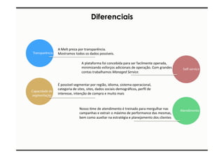 Diferenciais 
A 
Melt 
preza 
por 
transparência. 
Mostramos 
todos 
os 
dados 
possíveis. 
A 
plataforma 
foi 
concebida 
para 
ser 
facilmente 
operada, 
minimizando 
esforços 
adicionais 
de 
operação. 
Com 
grandes 
contas 
trabalhamos 
Managed 
Service. 
É 
possível 
segmentar 
por 
região, 
idioma, 
sistema 
operacional, 
categoria 
de 
sites, 
sites, 
dados 
sociais-­‐demográficos, 
perfil 
de 
interesse, 
intenção 
de 
compra 
e 
muito 
mais 
Nosso 
Ime 
de 
atendimento 
é 
treinado 
para 
mergulhar 
nas 
campanhas 
e 
extrair 
o 
máximo 
de 
performance 
das 
mesmas, 
bem 
como 
auxiliar 
na 
estratégia 
e 
planejamento 
dos 
clientes 
 