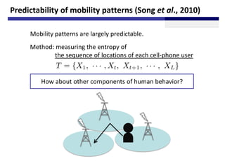 Predictability of mobility patterns (Song et al., 2010)

     Mobility patterns are largely predictable.
     Method: meas...