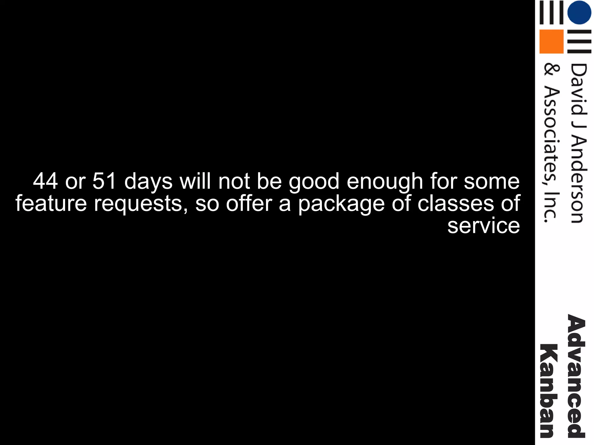44 or 51 days will not be good enough for some
feature requests, so offer a package of classes of
service

Advanced
Kanban

 