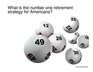 What is the number one retirement
strategy for Americans?
win the lottery!
 